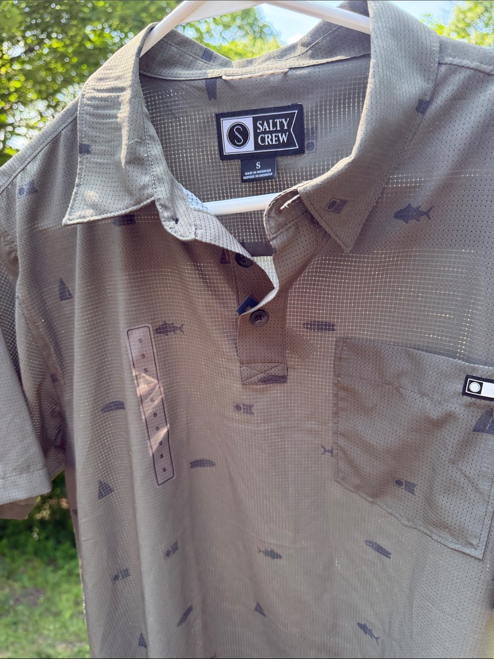 Salty Crew Men’s Olive Fishing Print Polo-Size Small-NWT